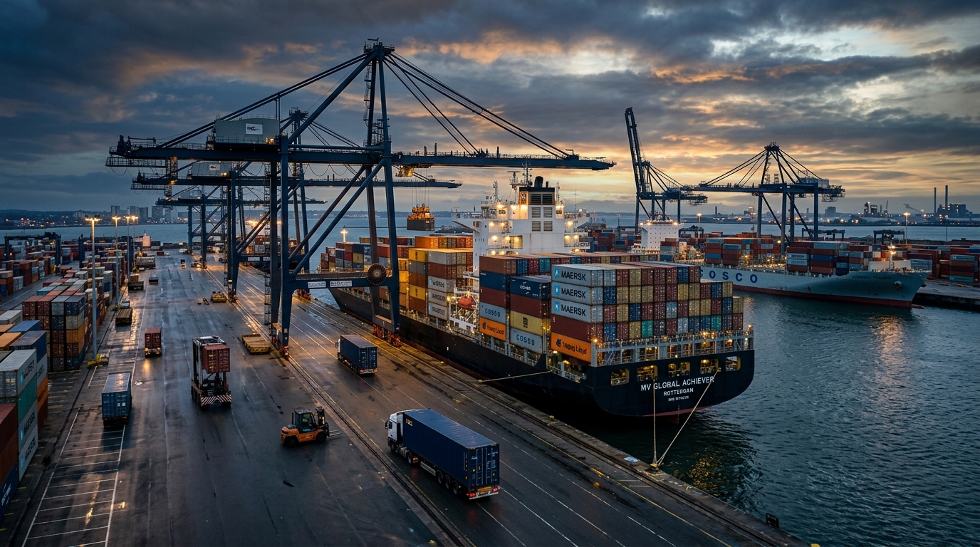 Cargo vessel and container terminal at dusk
