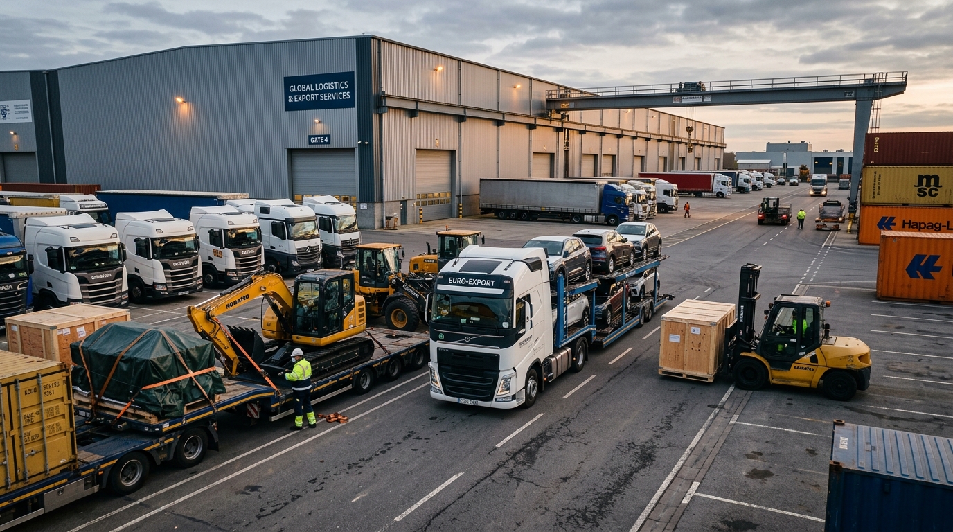 Vehicles and equipment staged at an export yard